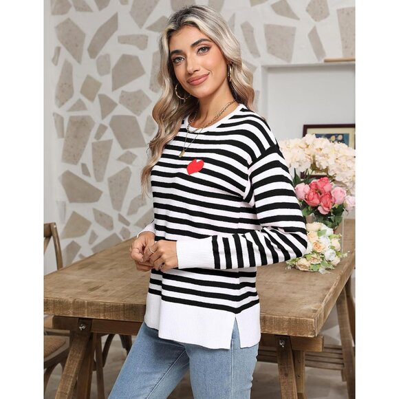 Womens Striped Sweater Long Sleeve Crew Neck Heart Pattern Casual Wear - Picture 4 of 8